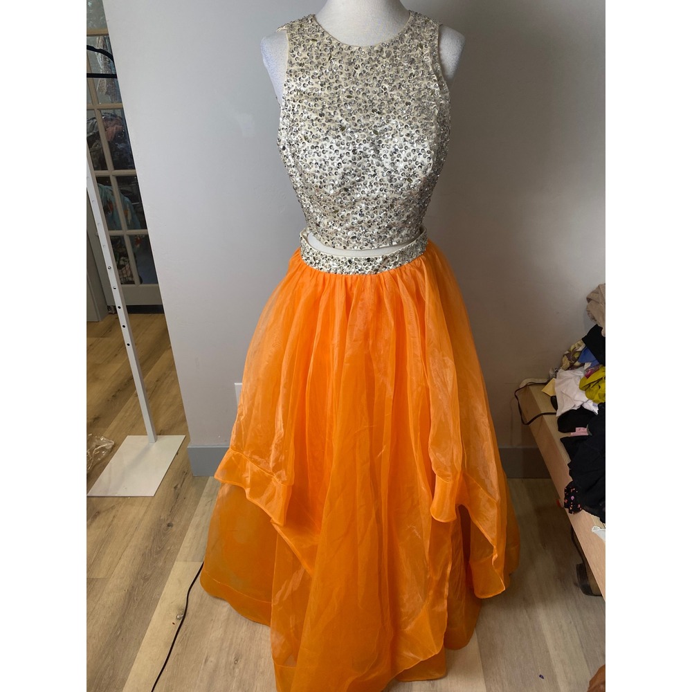 Orange Two Piece Prom Dress Sequin Crop Top Tiered Organza Skirt Formal Gown